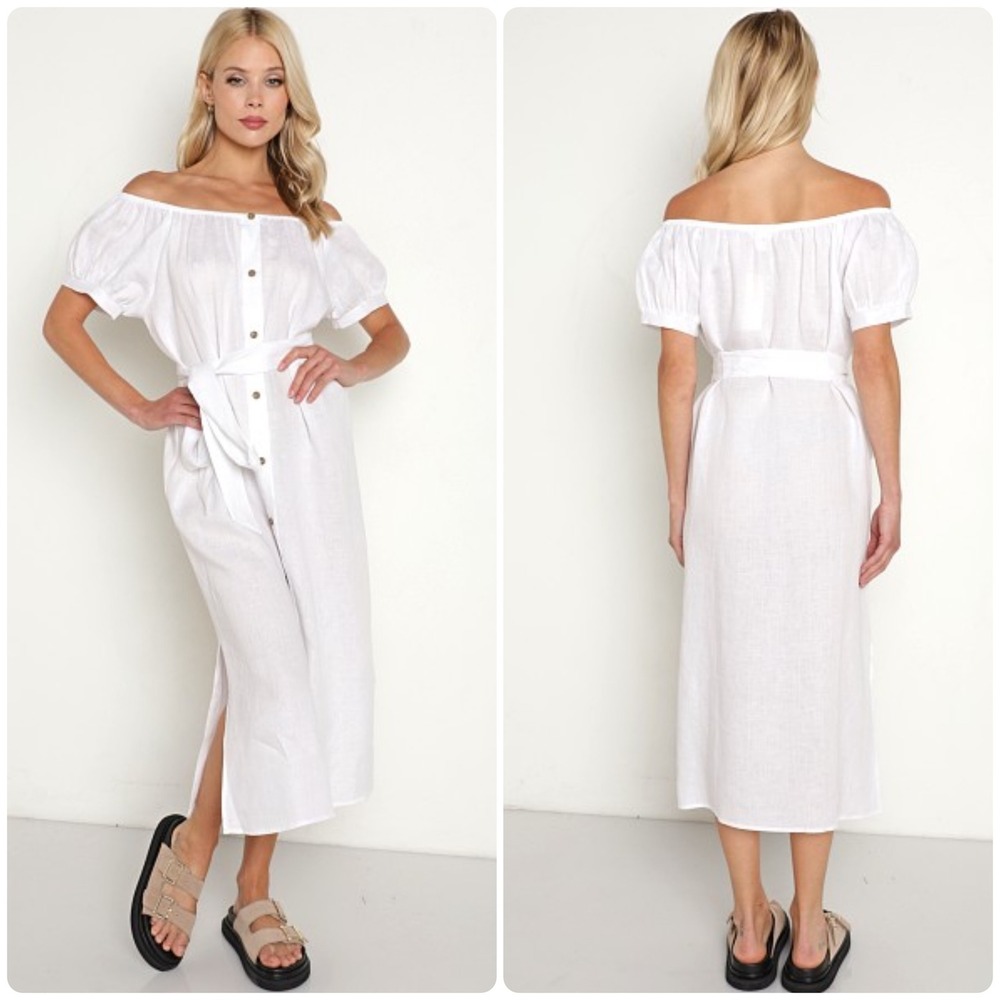 Eberjey Womens White 100% Linen Harper Button Front Coastal Midi Dress Size‎ S